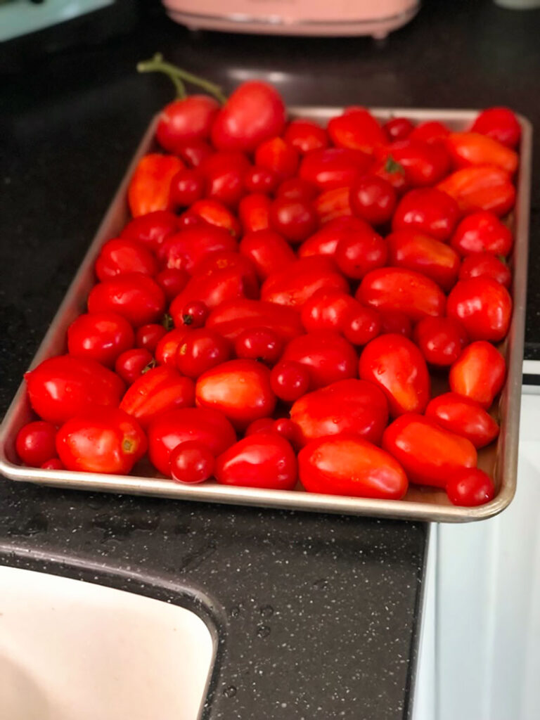 a tray of roma tomatoes