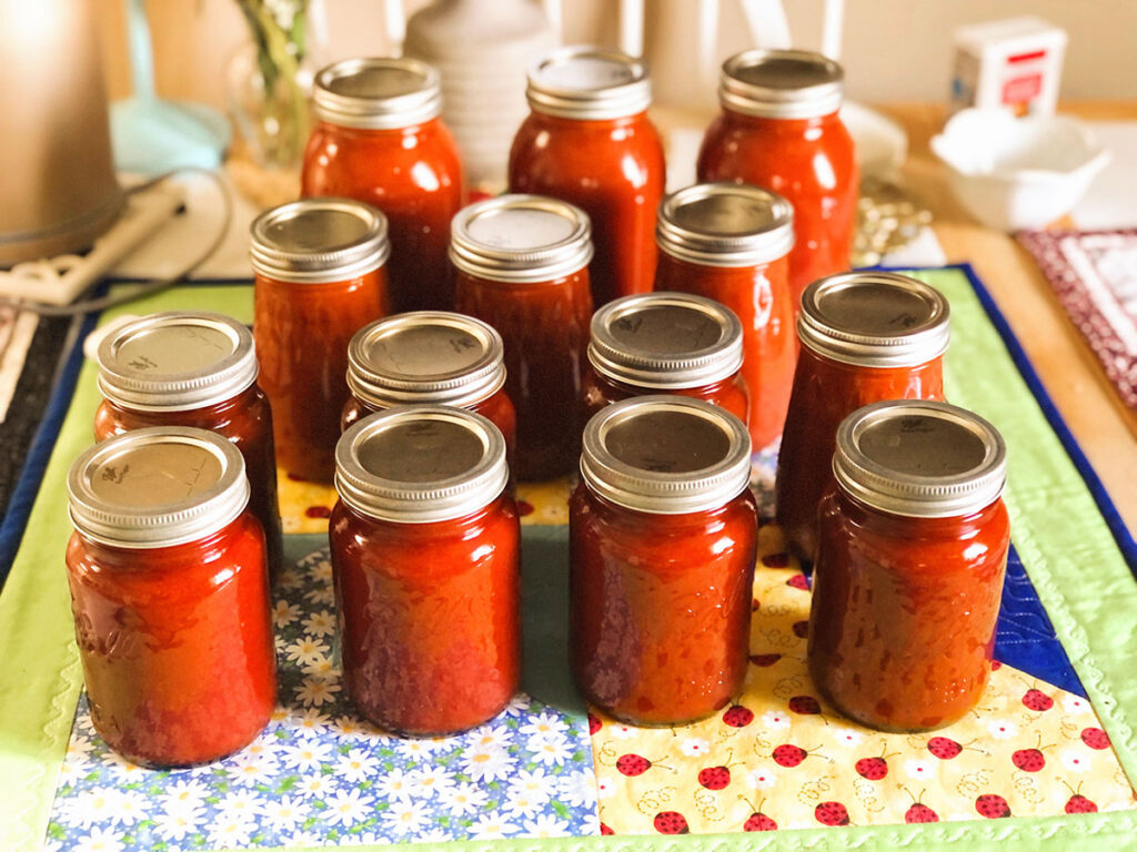 a table full of newly canned tomato sauce in pint jars