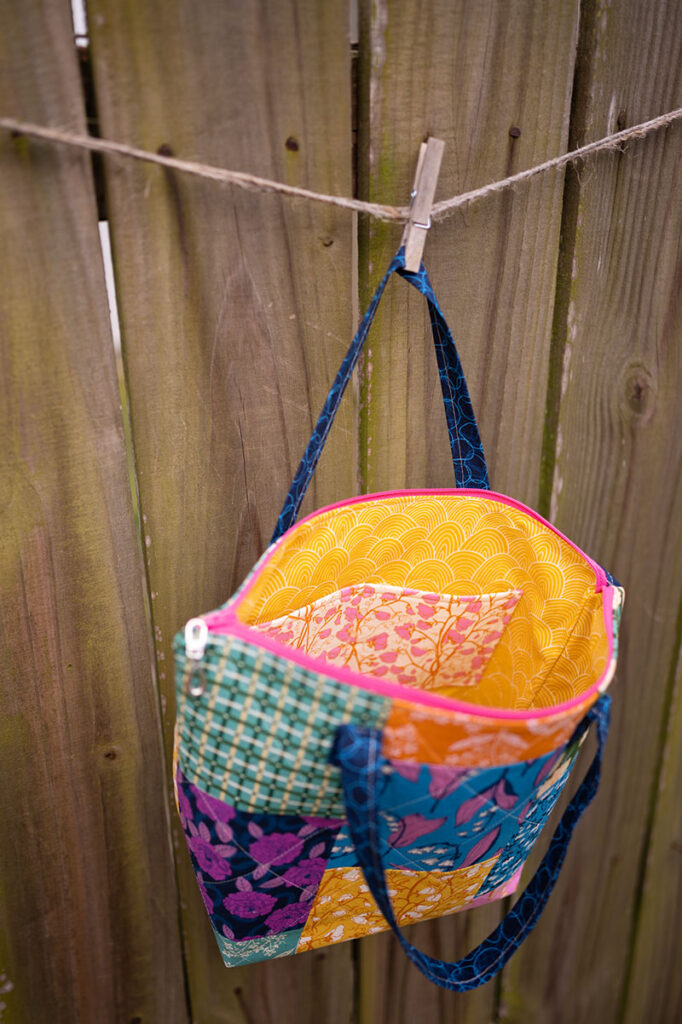 bag showing colorful inner lining and pocket