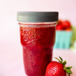 stackable mason jar filled with homemade strawberry jam