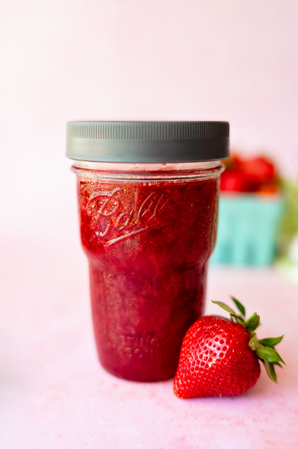 stackable mason jar filled with homemade strawberry jam